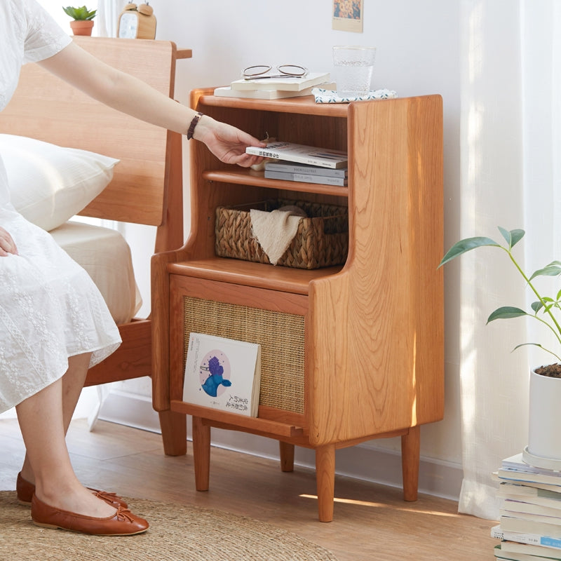 Mesita de noche rectangular de madera maciza rústica tradicional con tablero de múltiples capas y tejido de ratán con 2 cajones para dormitorio 