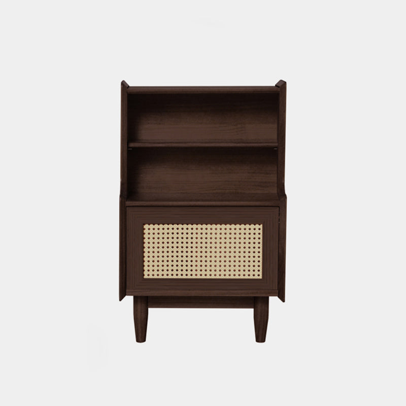 Mesita de noche rectangular de madera maciza rústica tradicional con tablero de múltiples capas y tejido de ratán con 2 cajones para dormitorio 