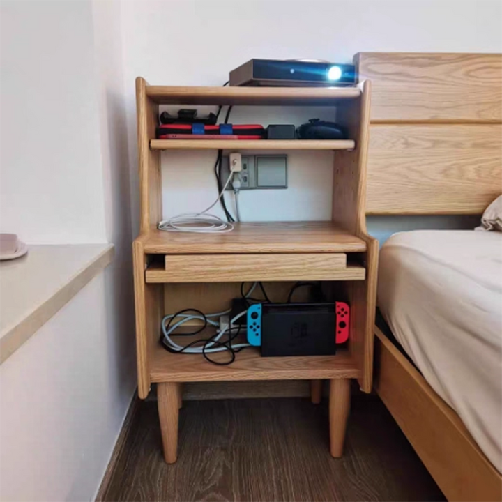 Mesita de noche rectangular de madera maciza rústica tradicional con tablero de múltiples capas y tejido de ratán con 2 cajones para dormitorio 