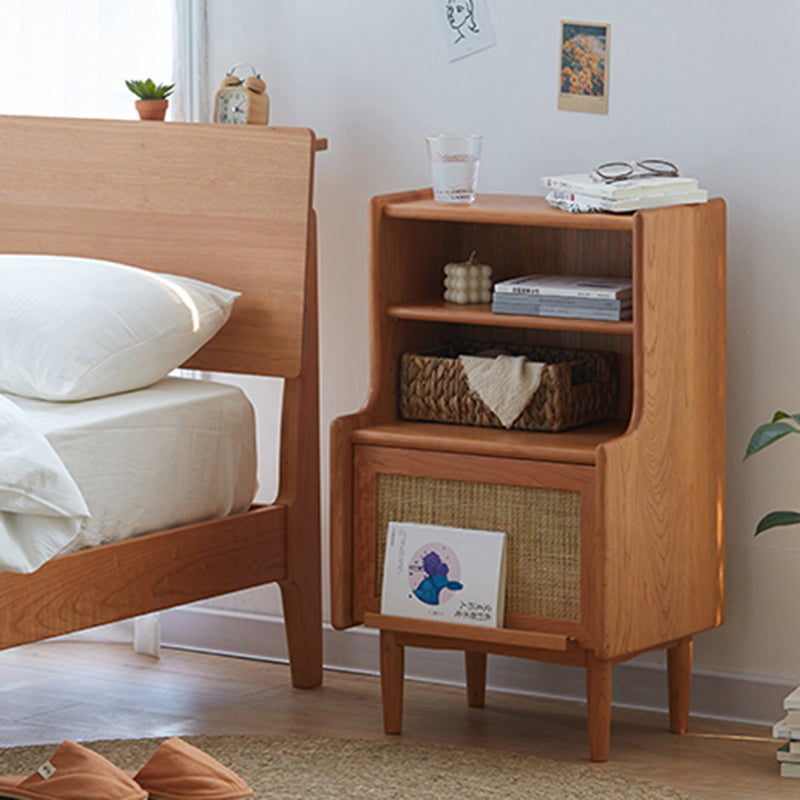Mesita de noche rectangular de madera maciza rústica tradicional con tablero de múltiples capas y tejido de ratán con 2 cajones para dormitorio 