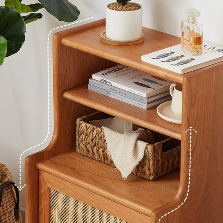 Mesita de noche rectangular de madera maciza rústica tradicional con tablero de múltiples capas y tejido de ratán con 2 cajones para dormitorio 