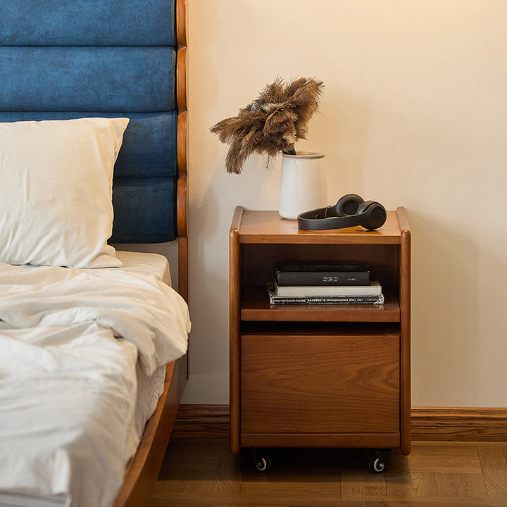 Modern Mid-Century Cherry Wood Solid Wood Multi-Layer Board Rectangular Movable Nightstand 1-Drawer For Bedroom
