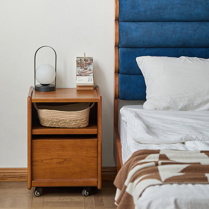 Modern Mid-Century Cherry Wood Solid Wood Multi-Layer Board Rectangular Movable Nightstand 1-Drawer For Bedroom
