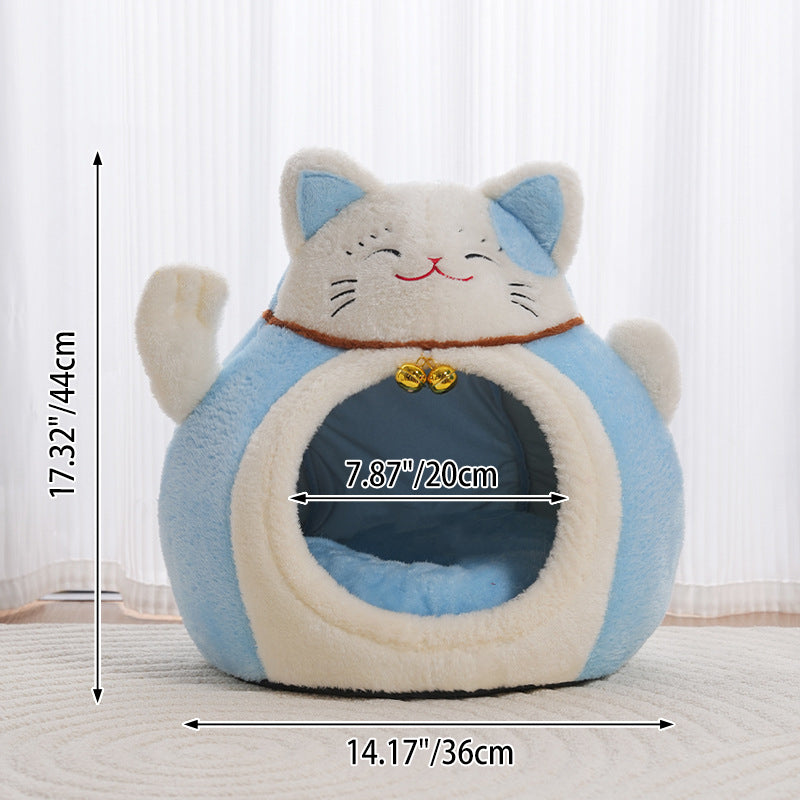 Modern Art Deco Cartoon Fortune Cat-Shaped Arctic Velvet PP Cotton Sponge 1-Tier Cozy Cat Bed For Living Room &amp; Bedroom