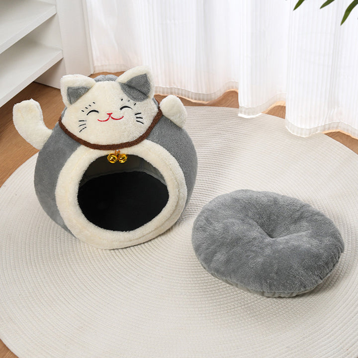 Modern Art Deco Cartoon Fortune Cat-Shaped Arctic Velvet PP Cotton Sponge 1-Tier Cozy Cat Bed For Living Room &amp; Bedroom