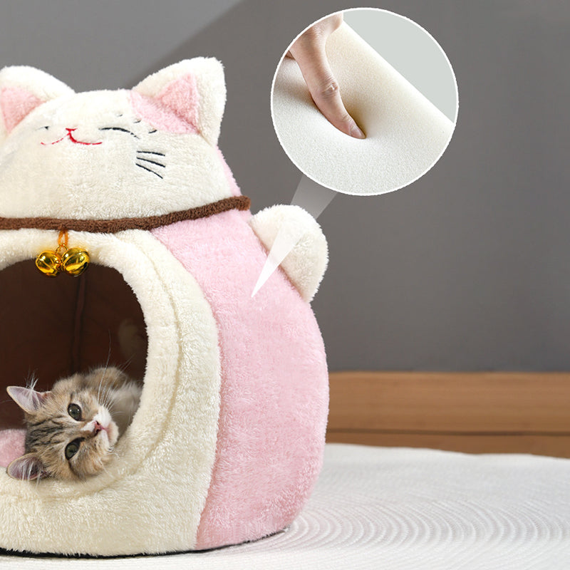 Modern Art Deco Cartoon Fortune Cat-Shaped Arctic Velvet PP Cotton Sponge 1-Tier Cozy Cat Bed For Living Room &amp; Bedroom