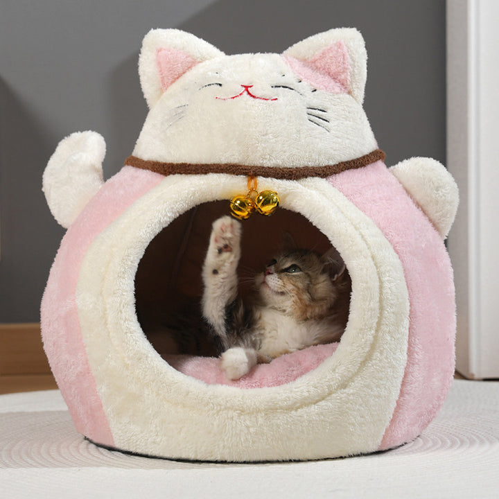 Modern Art Deco Cartoon Fortune Cat-Shaped Arctic Velvet PP Cotton Sponge 1-Tier Cozy Cat Bed For Living Room &amp; Bedroom