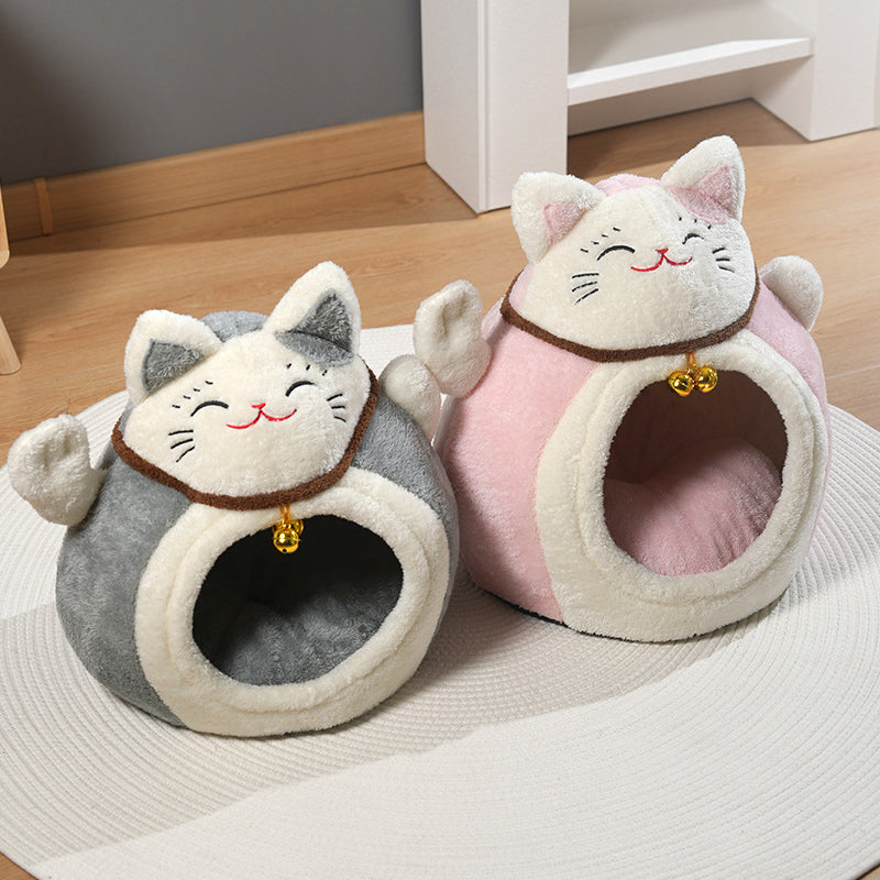 Modern Art Deco Cartoon Fortune Cat-Shaped Arctic Velvet PP Cotton Sponge 1-Tier Cozy Cat Bed For Living Room &amp; Bedroom