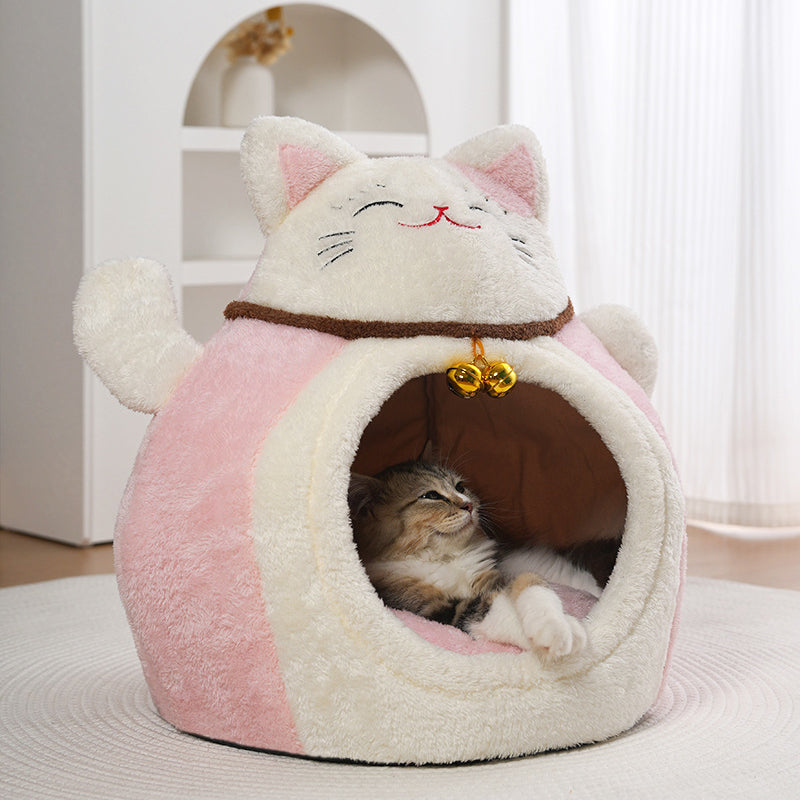 Modern Art Deco Cartoon Fortune Cat-Shaped Arctic Velvet PP Cotton Sponge 1-Tier Cozy Cat Bed For Living Room &amp; Bedroom