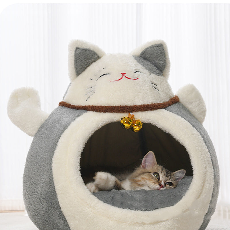 Modern Art Deco Cartoon Fortune Cat-Shaped Arctic Velvet PP Cotton Sponge 1-Tier Cozy Cat Bed For Living Room &amp; Bedroom