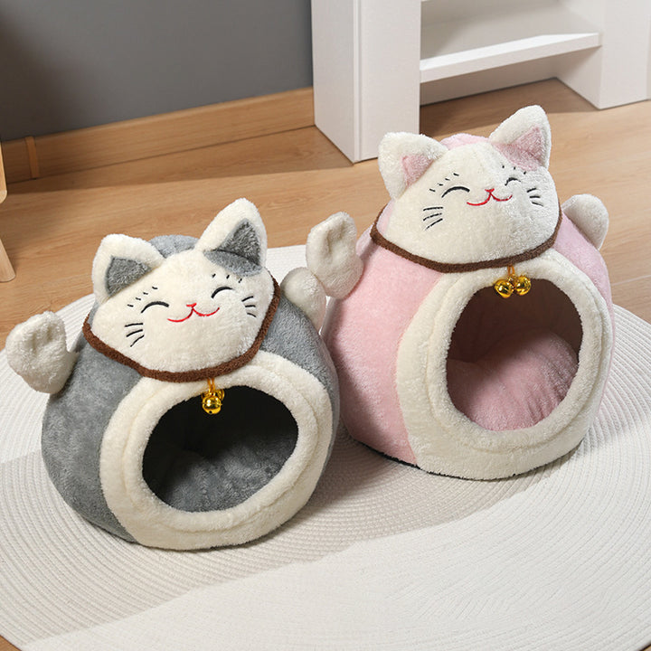 Modern Art Deco Cartoon Fortune Cat-Shaped Arctic Velvet PP Cotton Sponge 1-Tier Cozy Cat Bed For Living Room &amp; Bedroom