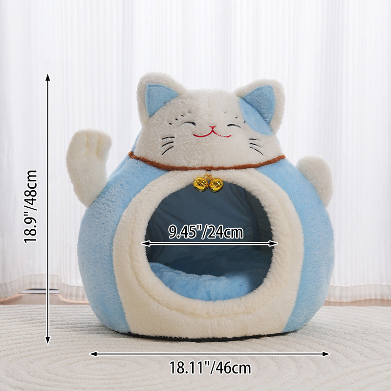 Modern Art Deco Cartoon Fortune Cat-Shaped Arctic Velvet PP Cotton Sponge 1-Tier Cozy Cat Bed For Living Room &amp; Bedroom