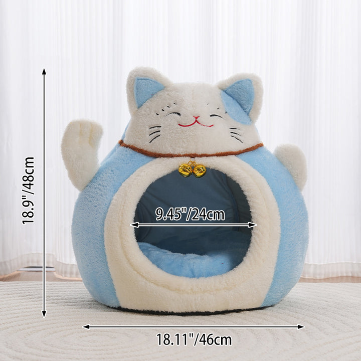 Modern Art Deco Cartoon Fortune Cat-Shaped Arctic Velvet PP Cotton Sponge 1-Tier Cozy Cat Bed For Living Room &amp; Bedroom