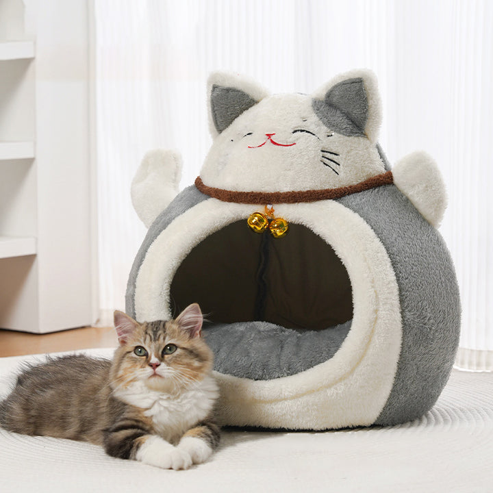 Modern Art Deco Cartoon Fortune Cat-Shaped Arctic Velvet PP Cotton Sponge 1-Tier Cozy Cat Bed For Living Room &amp; Bedroom
