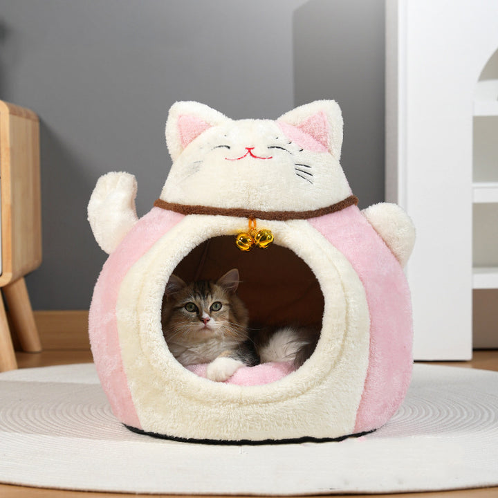 Modern Art Deco Cartoon Fortune Cat-Shaped Arctic Velvet PP Cotton Sponge 1-Tier Cozy Cat Bed For Living Room &amp; Bedroom