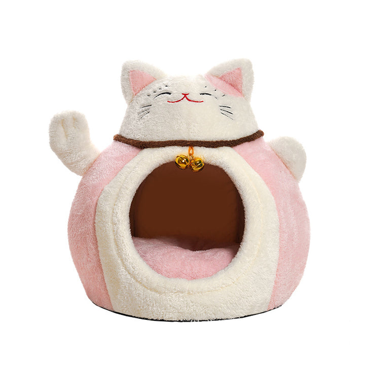 Modern Art Deco Cartoon Fortune Cat-Shaped Arctic Velvet PP Cotton Sponge 1-Tier Cozy Cat Bed For Living Room &amp; Bedroom