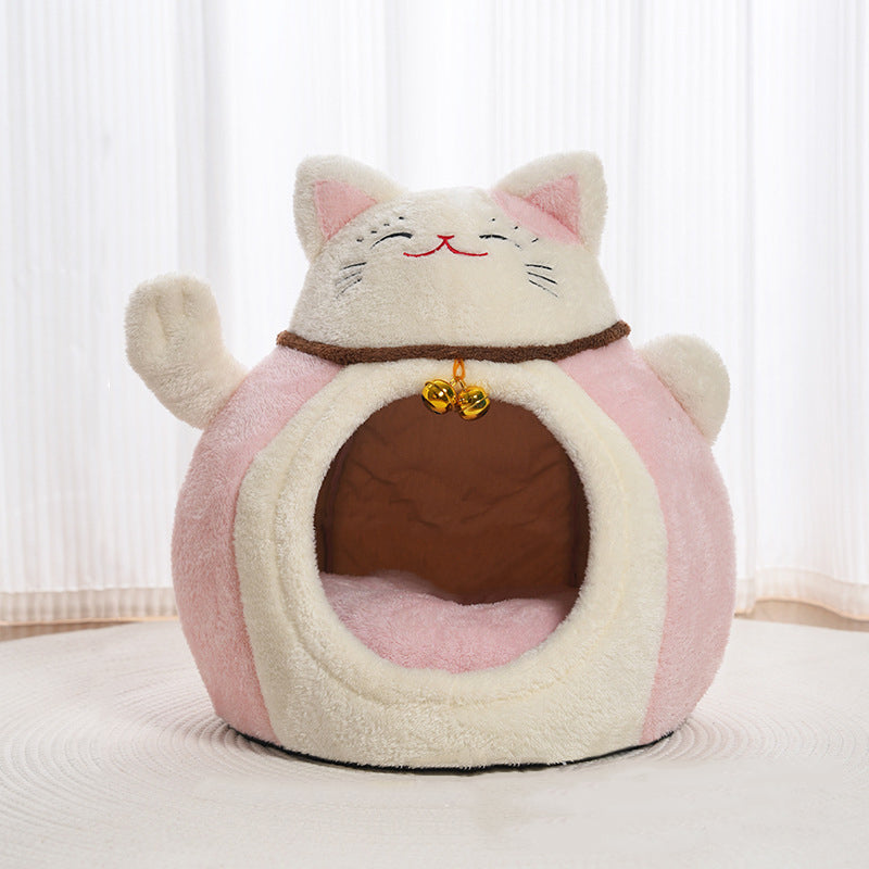 Modern Art Deco Cartoon Fortune Cat-Shaped Arctic Velvet PP Cotton Sponge 1-Tier Cozy Cat Bed For Living Room &amp; Bedroom