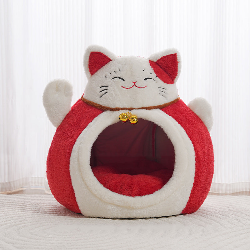 Modern Art Deco Cartoon Fortune Cat-Shaped Arctic Velvet PP Cotton Sponge 1-Tier Cozy Cat Bed For Living Room &amp; Bedroom