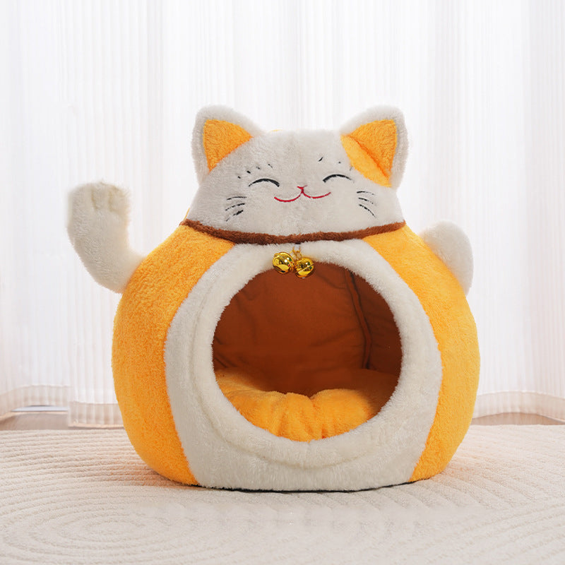 Modern Art Deco Cartoon Fortune Cat-Shaped Arctic Velvet PP Cotton Sponge 1-Tier Cozy Cat Bed For Living Room &amp; Bedroom