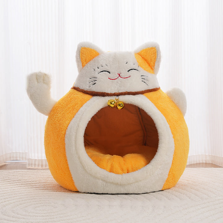 Modern Art Deco Cartoon Fortune Cat-Shaped Arctic Velvet PP Cotton Sponge 1-Tier Cozy Cat Bed For Living Room &amp; Bedroom