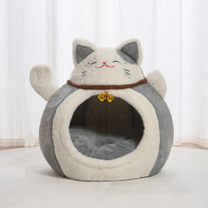 Modern Art Deco Cartoon Fortune Cat-Shaped Arctic Velvet PP Cotton Sponge 1-Tier Cozy Cat Bed For Living Room &amp; Bedroom