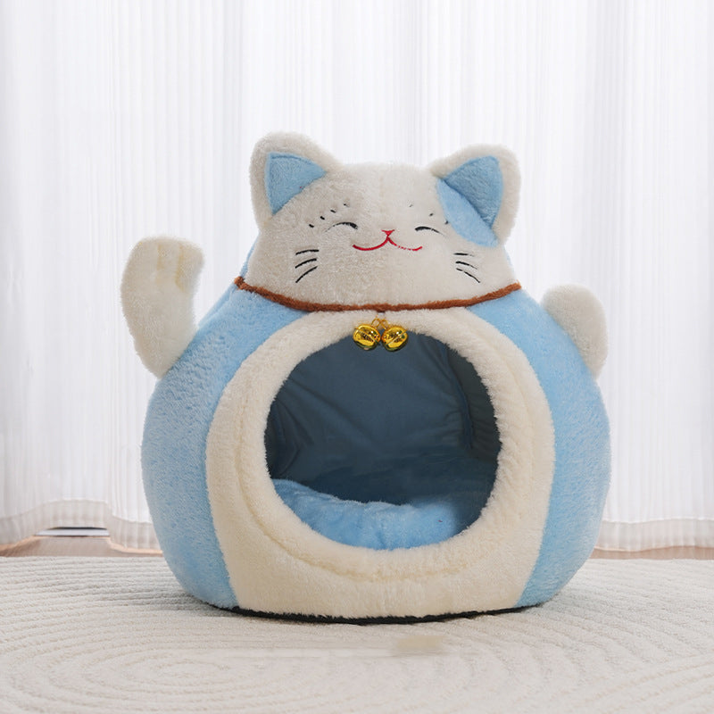 Modern Art Deco Cartoon Fortune Cat-Shaped Arctic Velvet PP Cotton Sponge 1-Tier Cozy Cat Bed For Living Room &amp; Bedroom