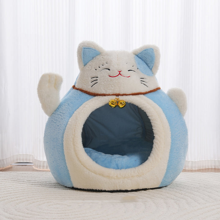 Modern Art Deco Cartoon Fortune Cat-Shaped Arctic Velvet PP Cotton Sponge 1-Tier Cozy Cat Bed For Living Room &amp; Bedroom