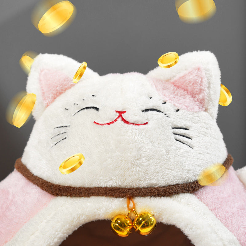 Modern Art Deco Cartoon Fortune Cat-Shaped Arctic Velvet PP Cotton Sponge 1-Tier Cozy Cat Bed For Living Room &amp; Bedroom
