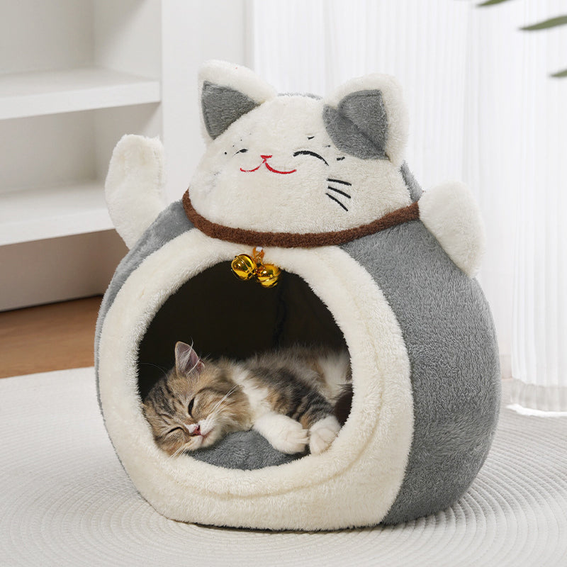 Modern Art Deco Cartoon Fortune Cat-Shaped Arctic Velvet PP Cotton Sponge 1-Tier Cozy Cat Bed For Living Room &amp; Bedroom
