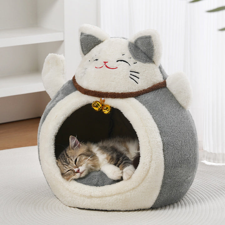 Modern Art Deco Cartoon Fortune Cat-Shaped Arctic Velvet PP Cotton Sponge 1-Tier Cozy Cat Bed For Living Room &amp; Bedroom