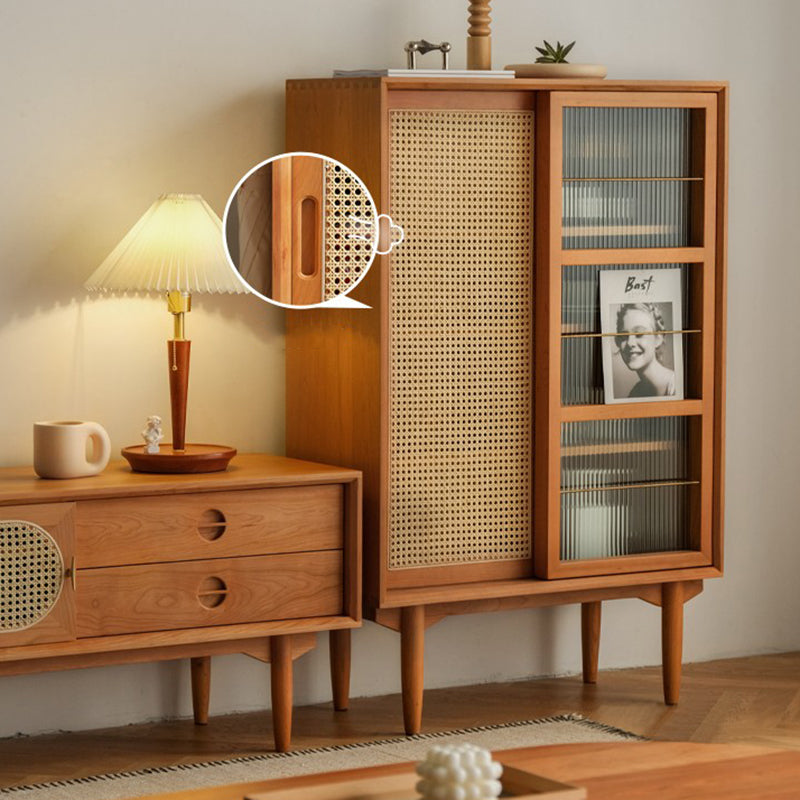 Traditionelles japanisches rechteckiges Kiefernmassivholz Mehrschichtplatte Rattan-Weben-Sideboard 3/4-Schrank für Wohnzimmer &amp; Esszimmer 