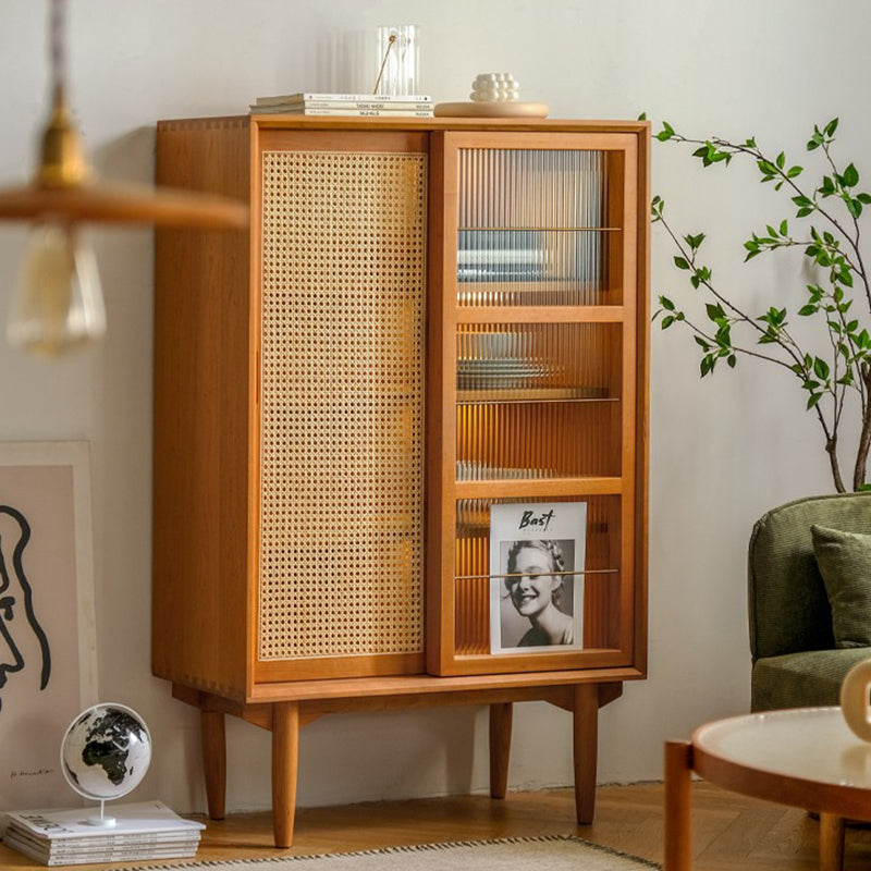 Traditionelles japanisches rechteckiges Kiefernmassivholz Mehrschichtplatte Rattan-Weben-Sideboard 3/4-Schrank für Wohnzimmer &amp; Esszimmer 
