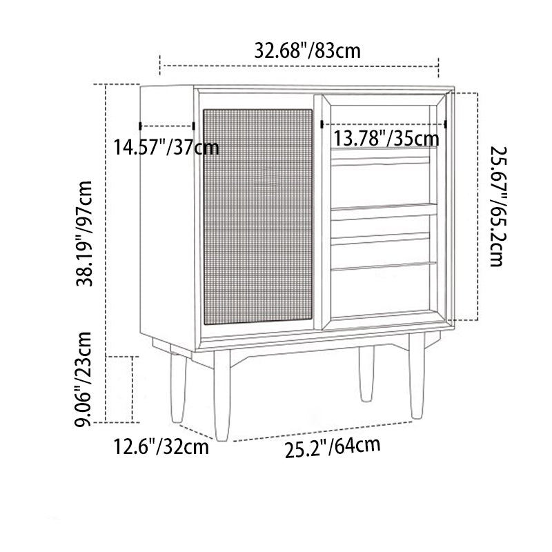 Traditionelles japanisches rechteckiges Kiefernmassivholz Mehrschichtplatte Rattan-Weben-Sideboard 3/4-Schrank für Wohnzimmer &amp; Esszimmer 