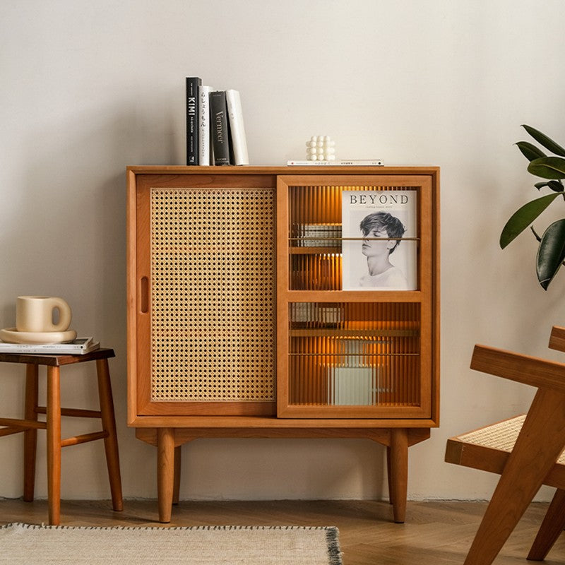 Traditionelles japanisches rechteckiges Kiefernmassivholz Mehrschichtplatte Rattan-Weben-Sideboard 3/4-Schrank für Wohnzimmer &amp; Esszimmer 