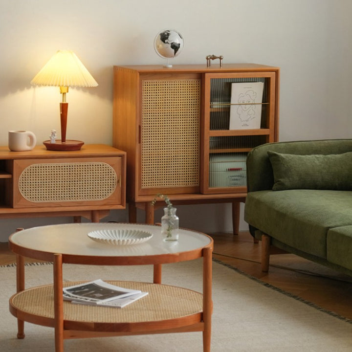 Traditionelles japanisches rechteckiges Kiefernmassivholz Mehrschichtplatte Rattan-Weben-Sideboard 3/4-Schrank für Wohnzimmer &amp; Esszimmer 