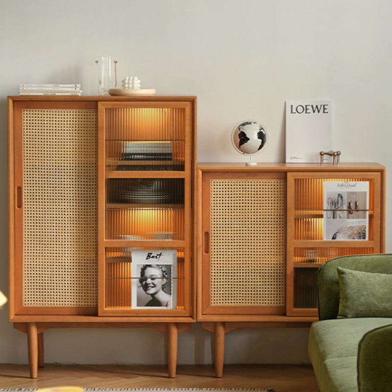 Traditionelles japanisches rechteckiges Kiefernmassivholz Mehrschichtplatte Rattan-Weben-Sideboard 3/4-Schrank für Wohnzimmer &amp; Esszimmer 