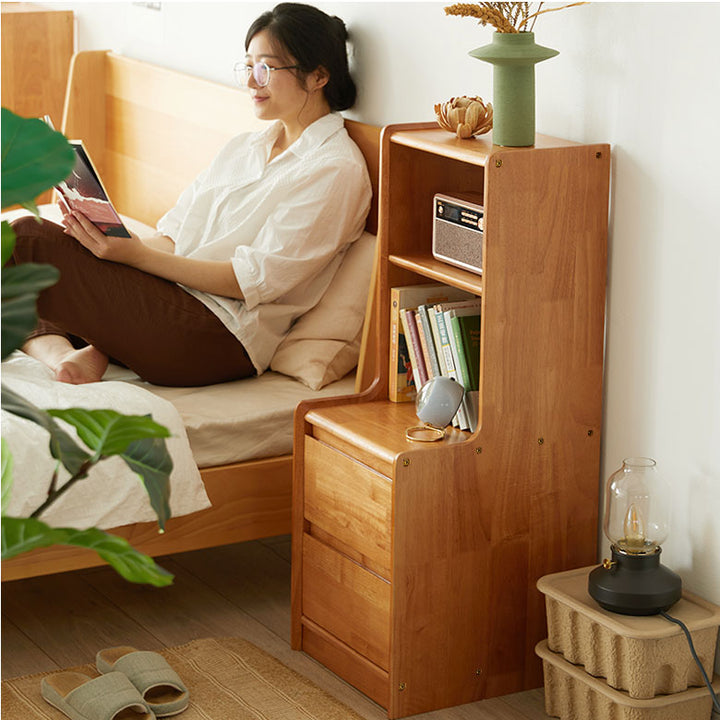 Traditional Rustic Rubberwood Solid Wood Multi-Layer Board Hardware Rectangular Nightstand 2-Drawer For Bedroom