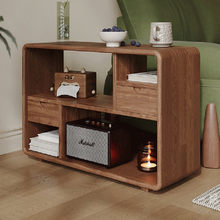 Traditional Vintage Hollowed-Out Rectangular Rubberwood Pine Wood Open Storage Cabinet 2-Drawer For Living Room