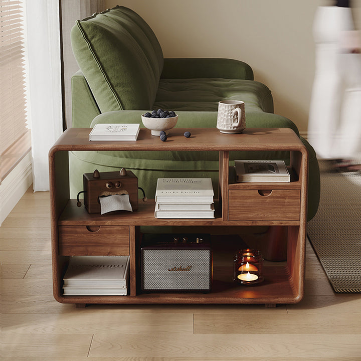 Traditional Vintage Hollowed-Out Rectangular Rubberwood Pine Wood Open Storage Cabinet 2-Drawer For Living Room