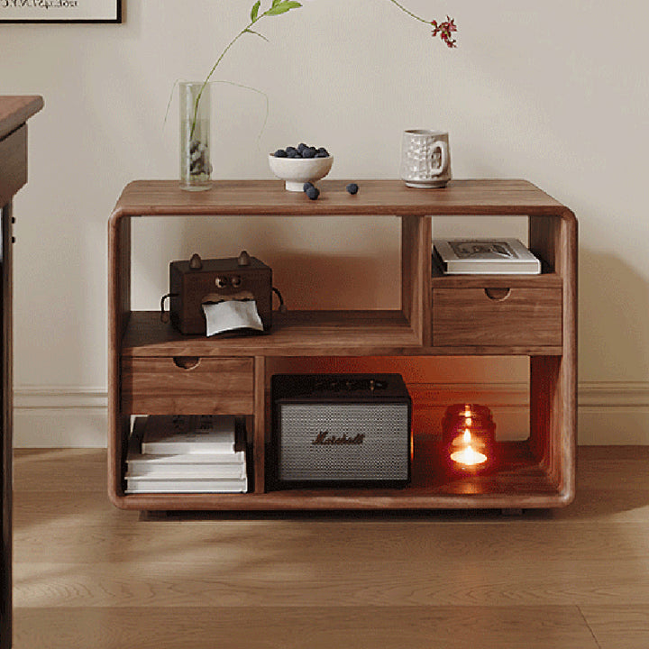 Traditional Vintage Hollowed-Out Rectangular Rubberwood Pine Wood Open Storage Cabinet 2-Drawer For Living Room