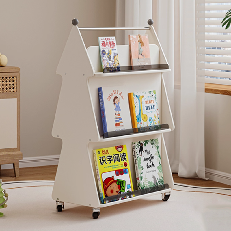 Zeitgenössischer kreativer Weihnachtsbaum aus Massivholzspanplatten, Acryl und Eisen, bewegliches Kinder-Bücherregal mit 3 Ebenen für das Studium 