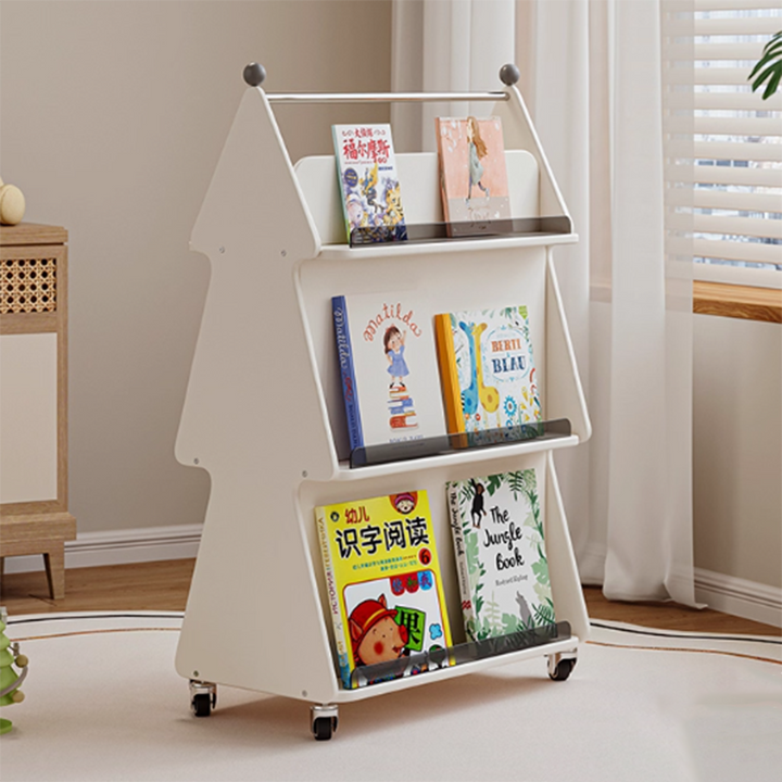 Zeitgenössischer kreativer Weihnachtsbaum aus Massivholzspanplatten, Acryl und Eisen, bewegliches Kinder-Bücherregal mit 3 Ebenen für das Studium 