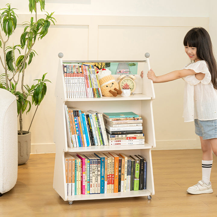 Zeitgenössischer kreativer Weihnachtsbaum aus Massivholzspanplatten, Acryl und Eisen, bewegliches Kinder-Bücherregal mit 3 Ebenen für das Studium 