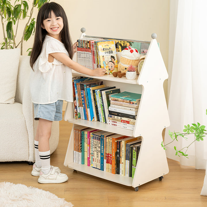 Zeitgenössischer kreativer Weihnachtsbaum aus Massivholzspanplatten, Acryl und Eisen, bewegliches Kinder-Bücherregal mit 3 Ebenen für das Studium 