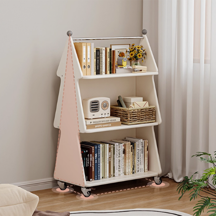 Zeitgenössischer kreativer Weihnachtsbaum aus Massivholzspanplatten, Acryl und Eisen, bewegliches Kinder-Bücherregal mit 3 Ebenen für das Studium 