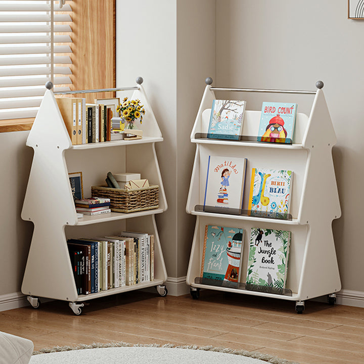 Zeitgenössischer kreativer Weihnachtsbaum aus Massivholzspanplatten, Acryl und Eisen, bewegliches Kinder-Bücherregal mit 3 Ebenen für das Studium 