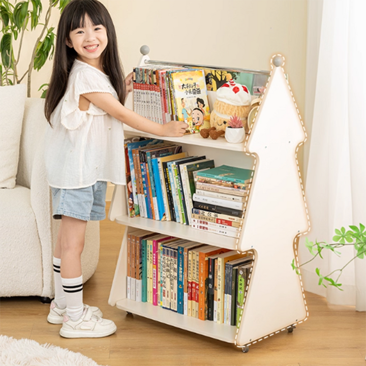 Zeitgenössischer kreativer Weihnachtsbaum aus Massivholzspanplatten, Acryl und Eisen, bewegliches Kinder-Bücherregal mit 3 Ebenen für das Studium 