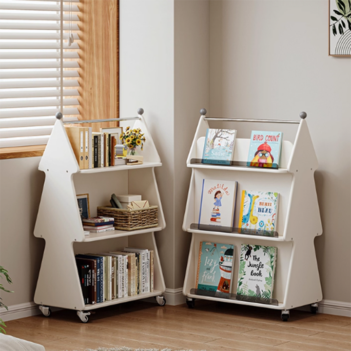 Zeitgenössischer kreativer Weihnachtsbaum aus Massivholzspanplatten, Acryl und Eisen, bewegliches Kinder-Bücherregal mit 3 Ebenen für das Studium 