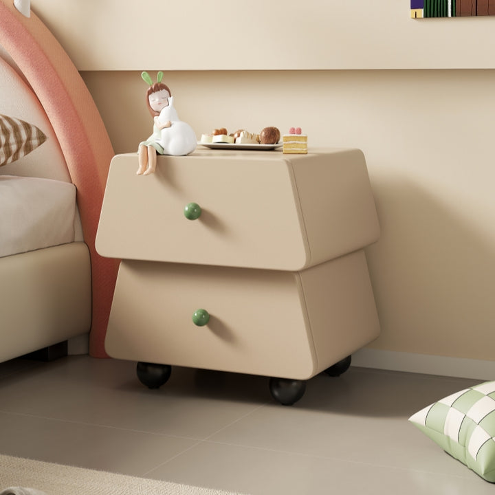 Modern Minimalist Trapezoidal Solid Wood Cat Scratching Leather Nightstand 2-Drawer For Bedroom