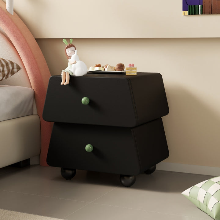 Modern Minimalist Trapezoidal Solid Wood Cat Scratching Leather Nightstand 2-Drawer For Bedroom